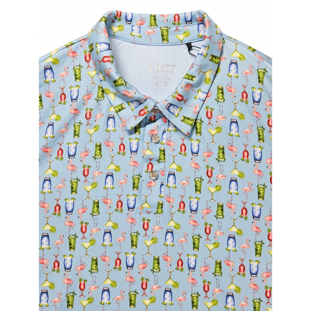 Chaps Golf Performance Polo Men's 2XL Blue Flamingo Cocktail Print Driwear NWT